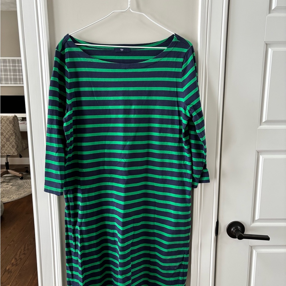 GAP Navy and Green Striped cotton dress. 3/4 length sleeves.
